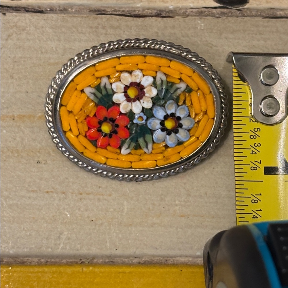 Vintage Italian Micro Mosaic Floral Brooch - Yellow Millefiori Glass - Picture 4 of 4